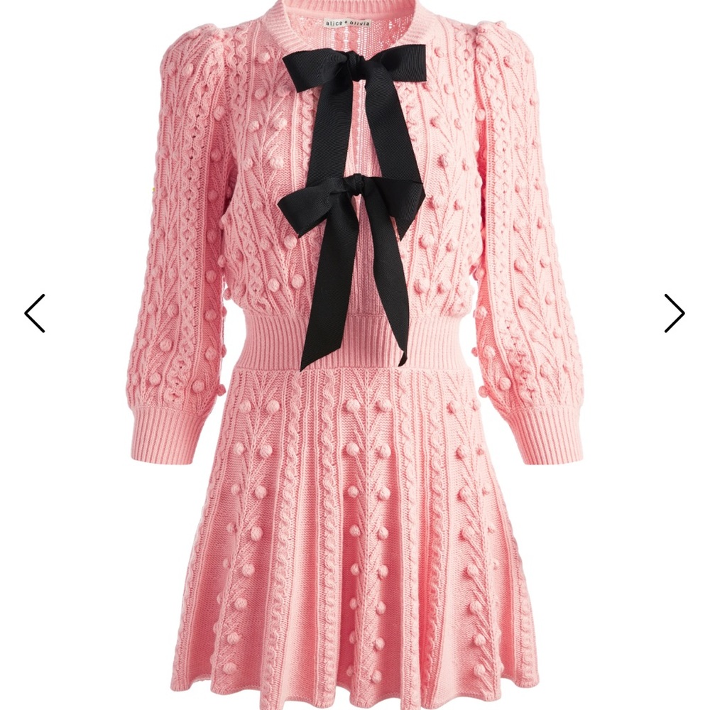 Alice and Olivia CREAM kitty puff sleeve sweater dress WITH black ribbon bow
